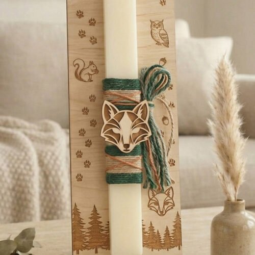 Φέρτε τη μαγεία της φύσης στο φετινό Πάσχα! Η νέα μας Πασχαλινή Λαμπάδα "Αλεπού & Δάσος" είναι το ιδανικό δώρο για μικρούς εξερευνητές και λάτρεις των ζώων. Με μήκος 30 εκ., αυτό το ποιοτικό κερί ξεχωρίζει για τις αρμονικές του αποχρώσεις που θυμίζουν περίπατο στο δάσος. Γήινοι τόνοι, το πράσινο του βρύου και το ζεστό πορτοκαλί συνδυάζονται σε ένα απόλυτα ισορροπημένο σύνολο. Το επίκεντρο αυτού του σετ είναι ο έντεχνος συνδυασμός του κεριού με φυσικά υλικά. Η λαμπάδα είναι σταθερά δεμένη πάνω σε μια υψηλής ποιότητας ξύλινη βάση, σχεδιασμένη αποκλειστικά για αυτό το θέμα. Η βάση φέρει χαραγμένα μοτίβα του δάσους και, με την προσθήκη του προσωποποιημένου ονόματος του παιδιού, μετατρέπεται σε ένα μοναδικό ενθύμιο. Το σύνολο ολοκληρώνεται με το λεπτοδουλεμένο ξύλινο κεφάλι αλεπούς, που χαρίζει στη λαμπάδα έναν παιχνιδιάρικο αλλά και κομψό χαρακτήρα. Ένα δώρο με διάρκεια Για εμάς, η χαρά της λαμπάδας δεν τελειώνει το Πάσχα. Αυτό το σετ έχει σχεδιαστεί έτσι ώστε να αποκτήσει μια δεύτερη χρήση: Μετά τη νύχτα της Ανάστασης, τόσο η αλεπού όσο και η χαραγμένη ξύλινη βάση μπορούν να στολίσουν υπέροχα το παιδικό δωμάτιο ως διακοσμητικά στοιχεία. Είτε στον τοίχο είτε στο ράφι, το θέμα του δάσους δημιουργεί μια ζεστή και φιλόξενη ατμόσφαιρα. Χειροποίητη Δημιουργία & Προσωπικές Επιθυμίες Κάθε προϊόν μας φτιάχνεται στο χέρι στο εργαστήριό μας. Αυτό σημαίνει ότι μπορούμε να προσαρμοστούμε στις δικές σας ανάγκες. Προτιμάτε ένα ελαφάκι, έναν ασβό ή μια κουκουβάγια; Κανένα πρόβλημα! Κατόπιν συνεννόησης, μπορούμε να στολίσουμε τη λαμπάδα με οποιοδήποτε άλλο ζώο του δάσους επιθυμείτε. Καθώς πρόκειται για φυσικό υλικό, ενδέχεται να υπάρχουν μικρές διαφορές στα νερά του ξύλου ή στο χρώμα, γεγονός που υπογραμμίζει τη χειροποίητη γοητεία του. Μην ξεχάσετε να μας αναφέρετε το όνομα και τυχόν αλλαγές που επιθυμείτε κατά την παραγγελία σας, ώστε να δημιουργήσουμε τη δική σας ονειρεμένη λαμπάδα.